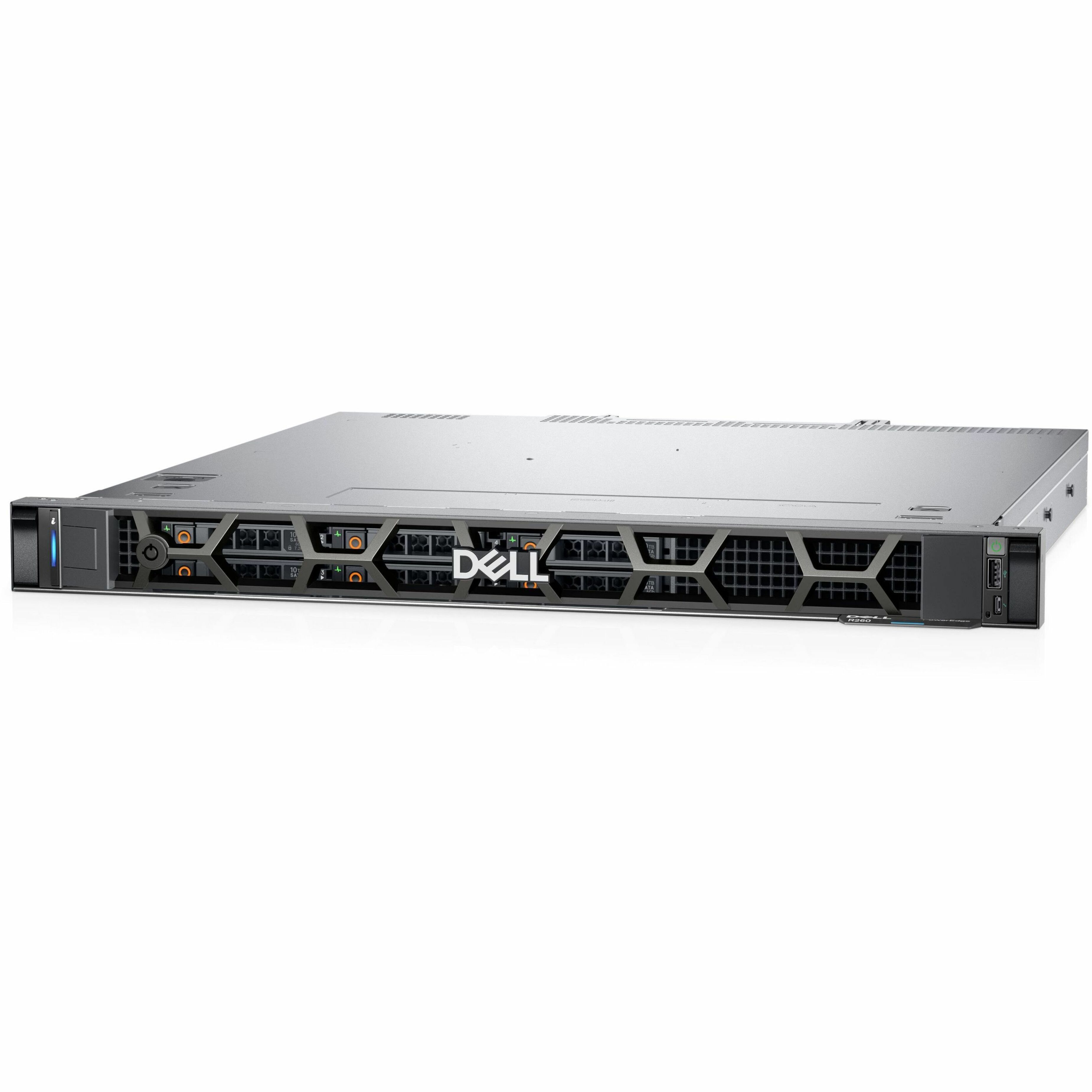 Dell PowerEdge R260 1U Rack-mountable Server - 1 x Intel Xeon E-2434 3.40 GHz - 16 GB RAM - 480 GB SSD - 12Gb/s SAS, Serial ATA/600 Controller - Intel Chip - 1 Processor Support - 128 GB RAM Support - DDR5 SDRAM - Gigabit Ethernet - 6 x Total Bay(s) - 6 x SFF Bay(s) - Hot Swappable Bays - 1 x 450 W
